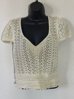 Stitch & Pine Cream Crochet Cropped Sweater M Boho Cottagecore Beach Cover
